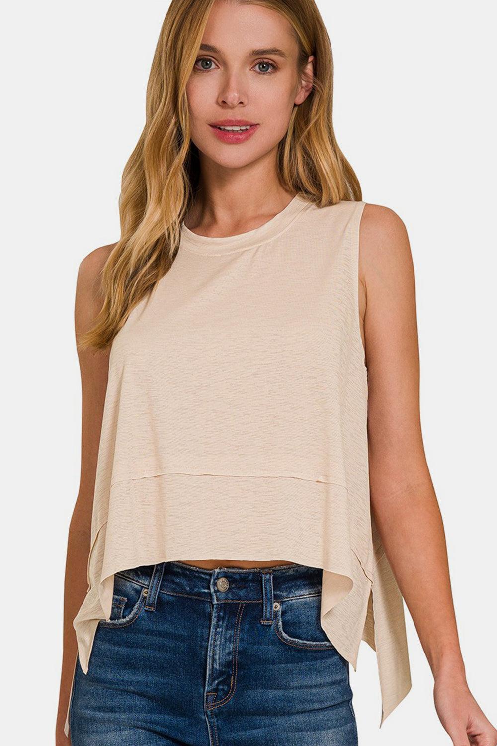 Zenana Exposed Seam Slit Round Neck Tank Sand Beige Tank Tops