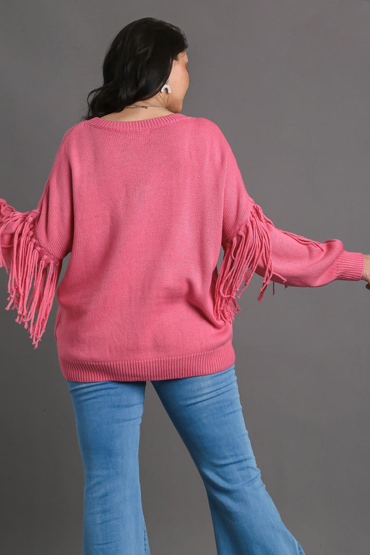 Umgee Full Size Fringe Round Neck Long Sleeve Sweater