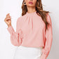 Soft pink ruched mock neck long sleeve blouse with gathered collar