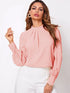Soft pink ruched mock neck long sleeve blouse with gathered collar