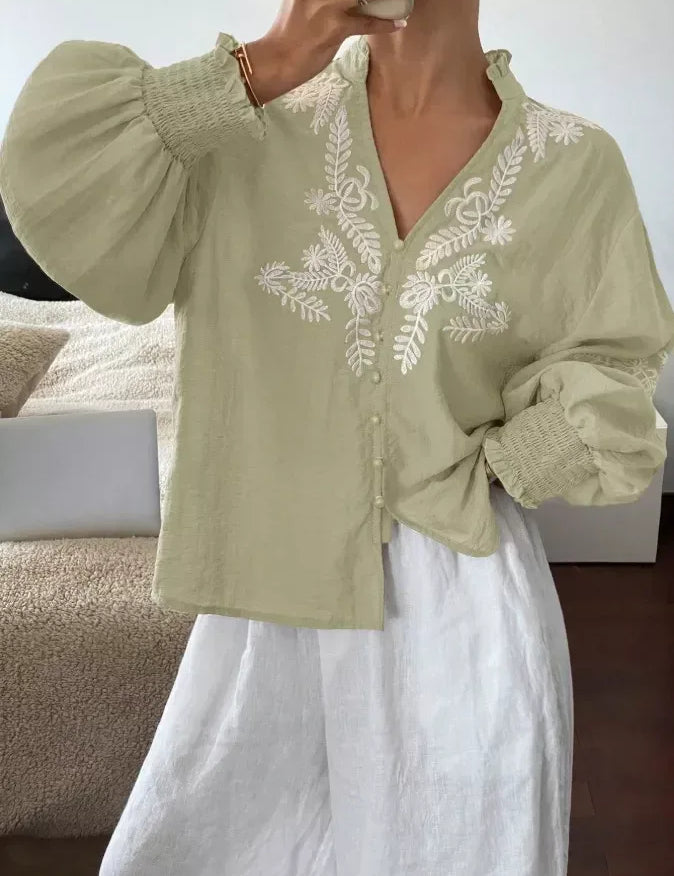 Daverri Fashions Embroidered Notched Long Sleeve Blouse - DAVERRI FASHIONS