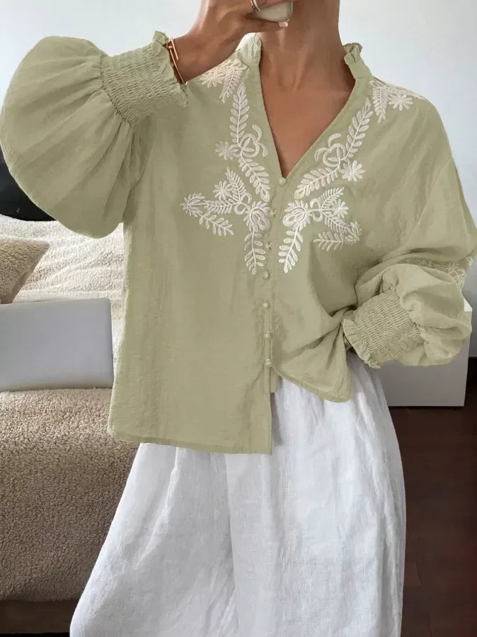 Daverri Fashions Embroidered Notched Long Sleeve Blouse - DAVERRI FASHIONS