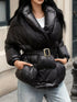 Daverri long sleeve belted puffer jacket in black with shiny quilted exterior and gold buckle