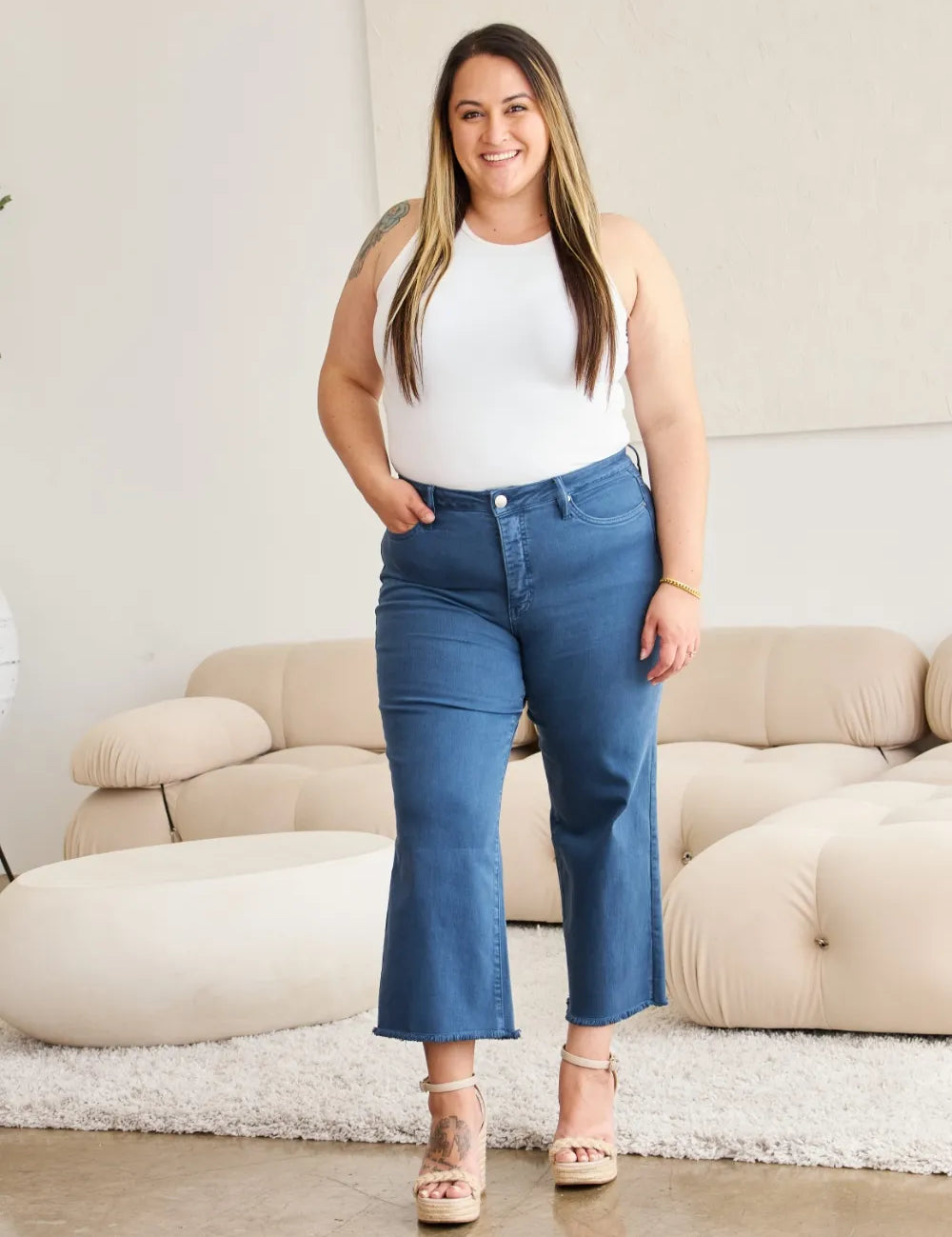 RFM Crop Chloe Tummy Control High Waist Raw Hem Jeans | Jeans Daverri Fashions