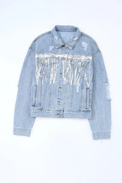 Sequin Fringe Trim Distressed Button Up Denim Jacket | Denim Jackets Daverri Fashions