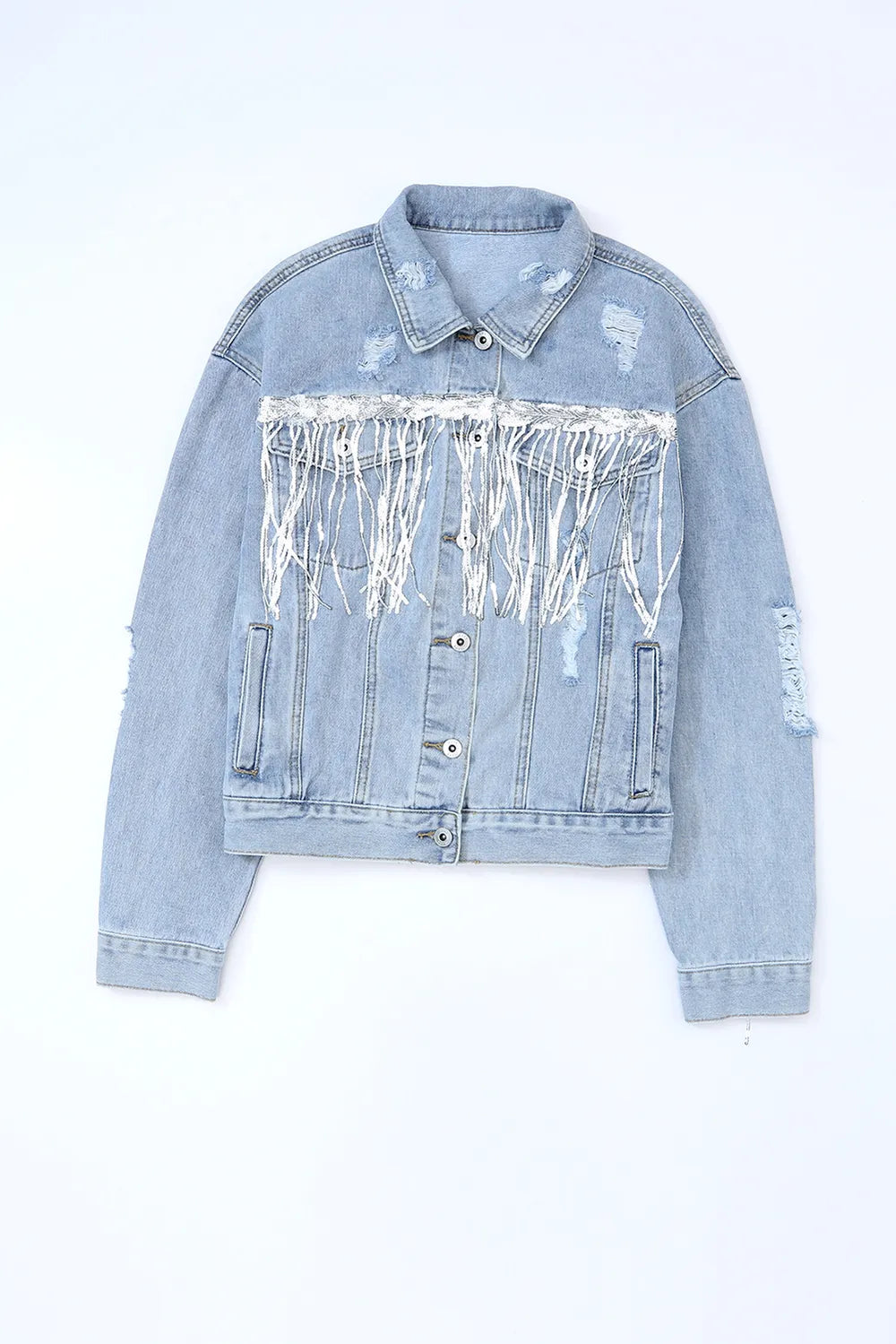 Sequin Fringe Trim Distressed Button Up Denim Jacket | Denim Jackets Daverri Fashions