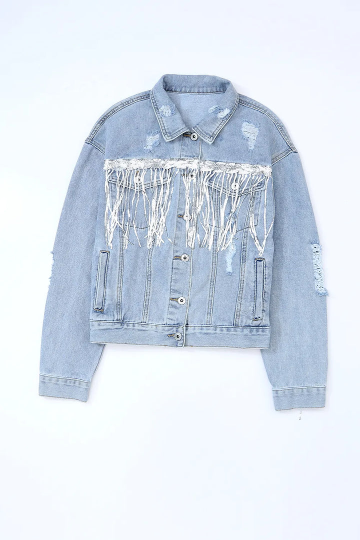 Sequin Fringe Trim Distressed Button Up Denim Jacket | Denim Jackets Daverri Fashions