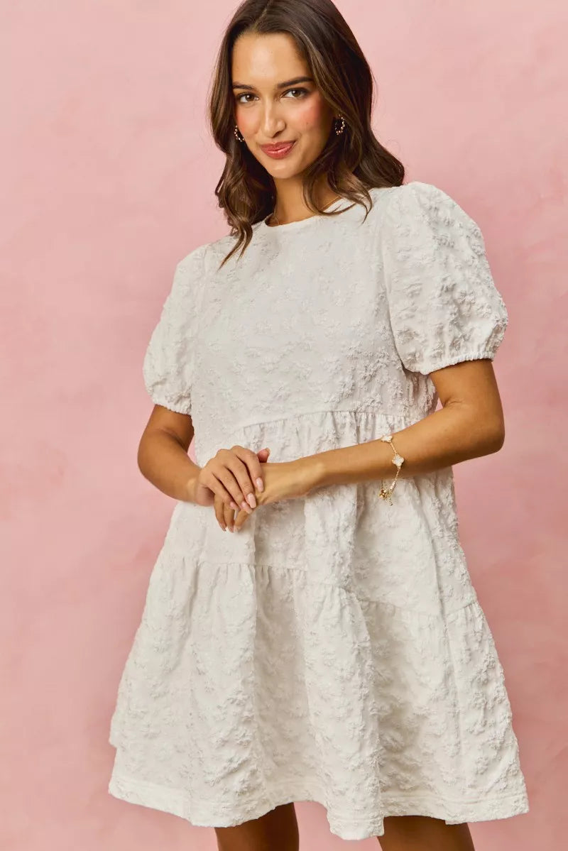 White lace floral jacquard diagonal tiered short mini dress with puffed sleeves