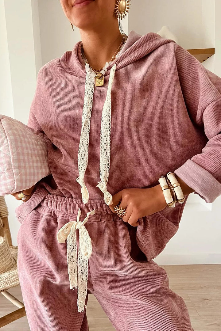 Lace Detail Dropped Shoulder Hoodie and Pants Set | Loungewear Daverri Fashions