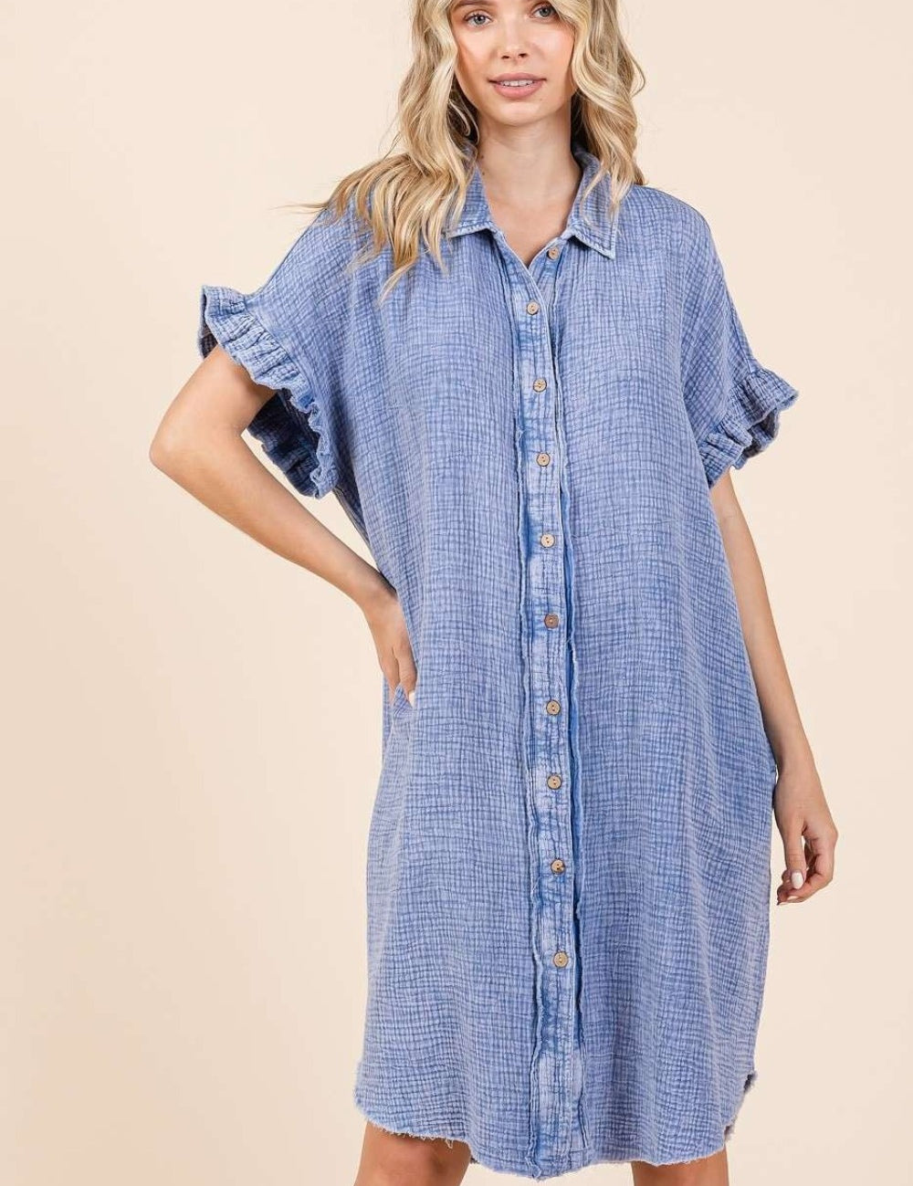 Mittoshop Mineral Wash Cotton Gauze Mini Shirt Dress Blue