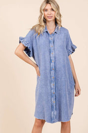 Mittoshop Mineral Wash Cotton Gauze Mini Shirt Dress Blue