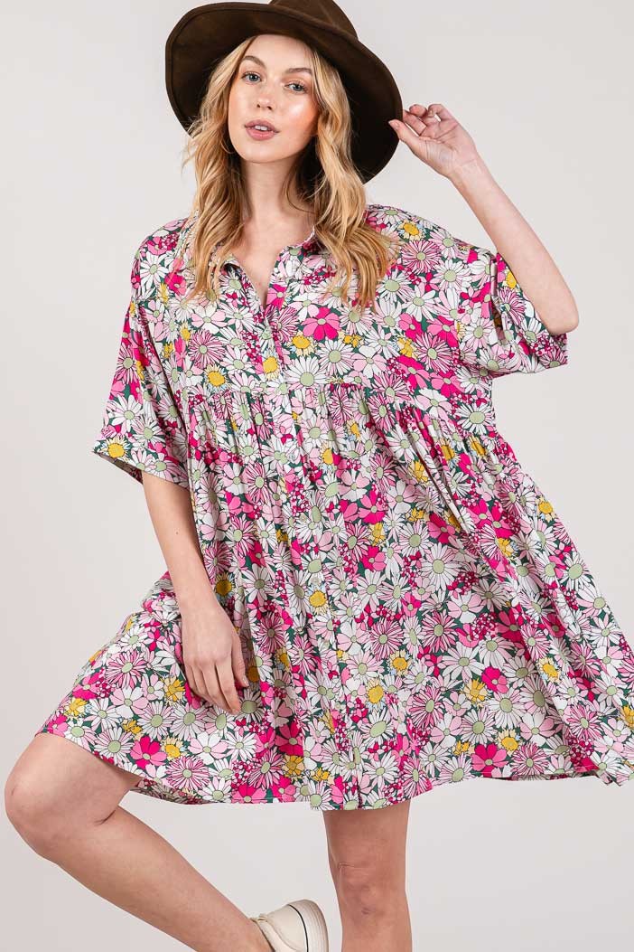 SAGE + FIG Floral Button Down Mini Shirt Dress Multi Mini Dresses