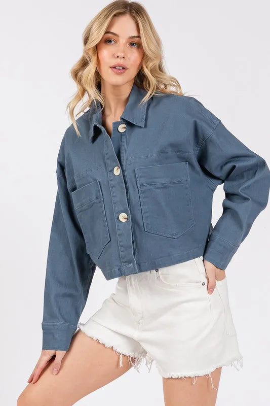 bytos Button Down Cropped Denim Jacket with Patch Pockets French Blue