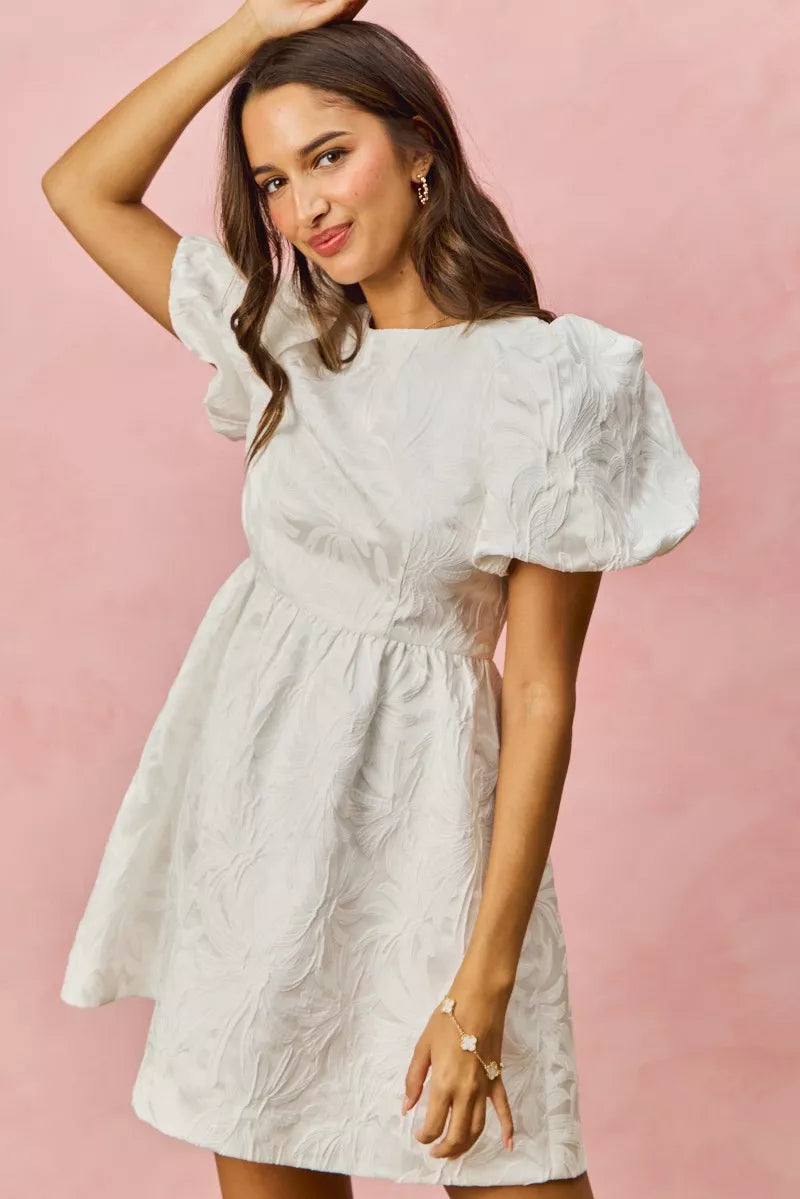 White textured SO ME floral jacquard mini dress with puffed sleeves
