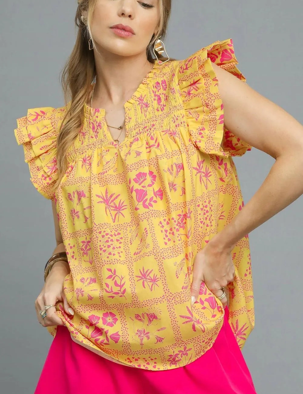 Sherbet Umgee Printed Ruffle Cap Sleeve Blouse | Daverri Fashions
