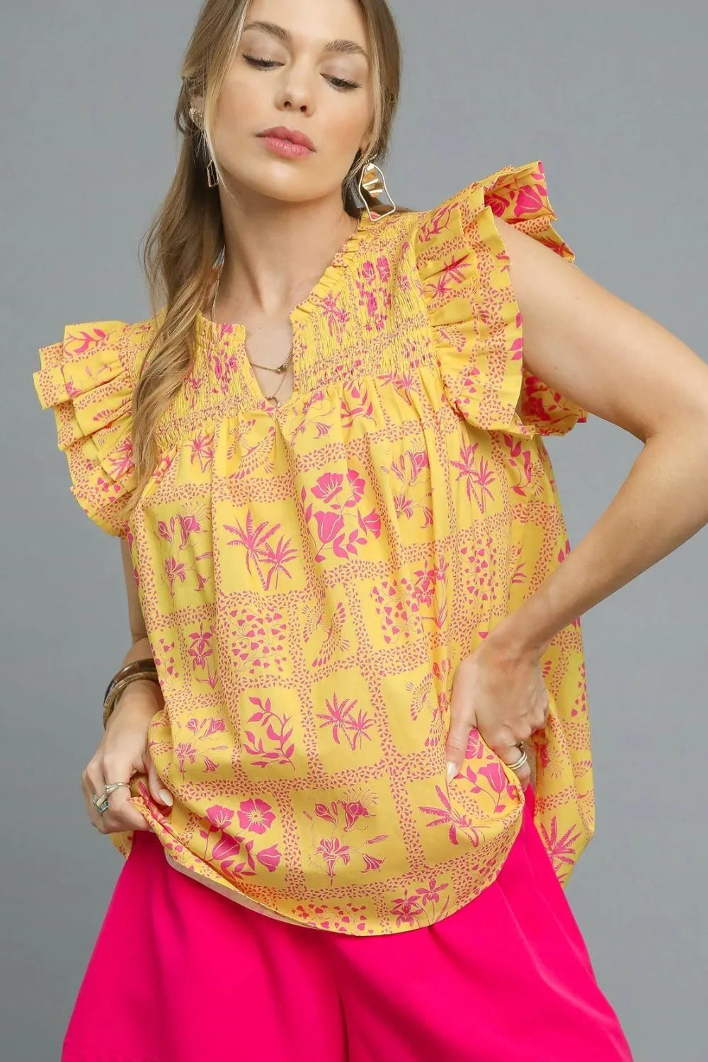 Sherbet Umgee Printed Ruffle Cap Sleeve Blouse | Daverri Fashions