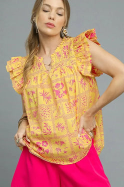 Umgee Printed Ruffle Cap Sleeve Blouse - DAVERRI FASHIONS