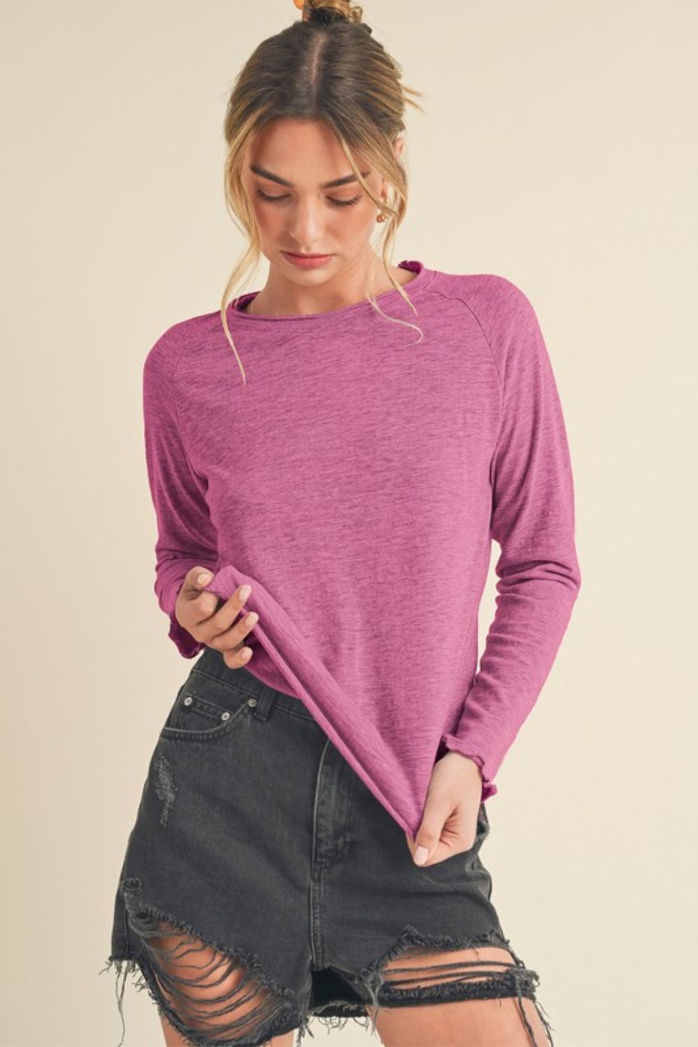 Aemi + Co Lettuce Hemline Round Neck Raglan Sleeve T-Shirt Red-Violet T-Shirts