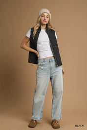 Umgee Quilted Floral Zip Up Vest with Pockets | Vest Jackets Daverri Fashions