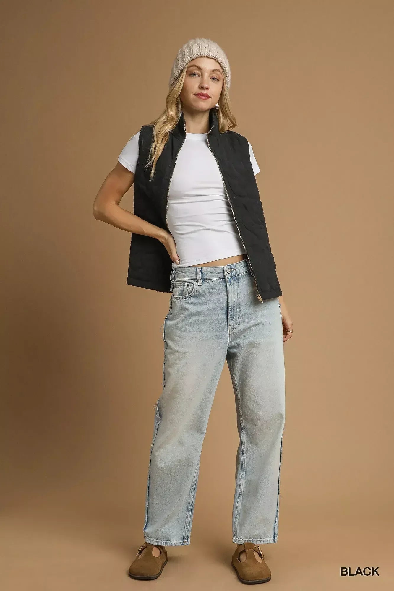 Umgee Quilted Floral Zip Up Vest with Pockets - DAVERRI FASHIONS