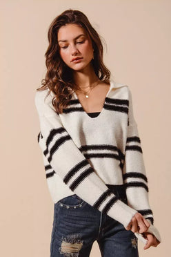 SO ME Fuzzy Hairy Stripe Deep U Neck Swetaer - DAVERRI FASHIONS