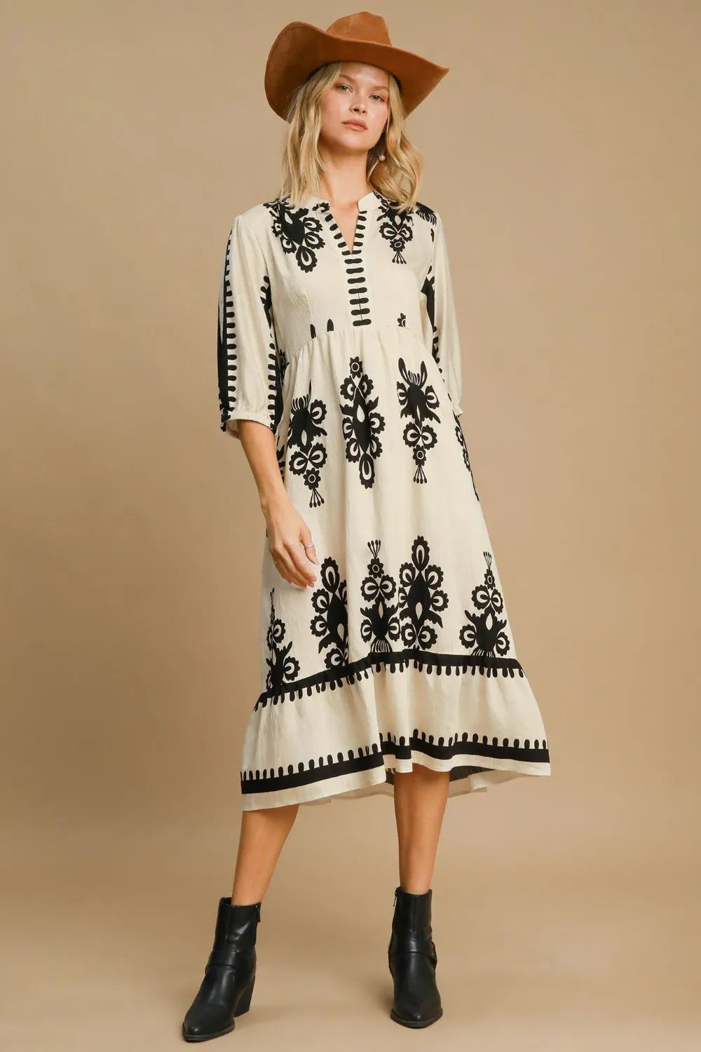 Umgee Printed Notched Midi Dress Midi Dresses
