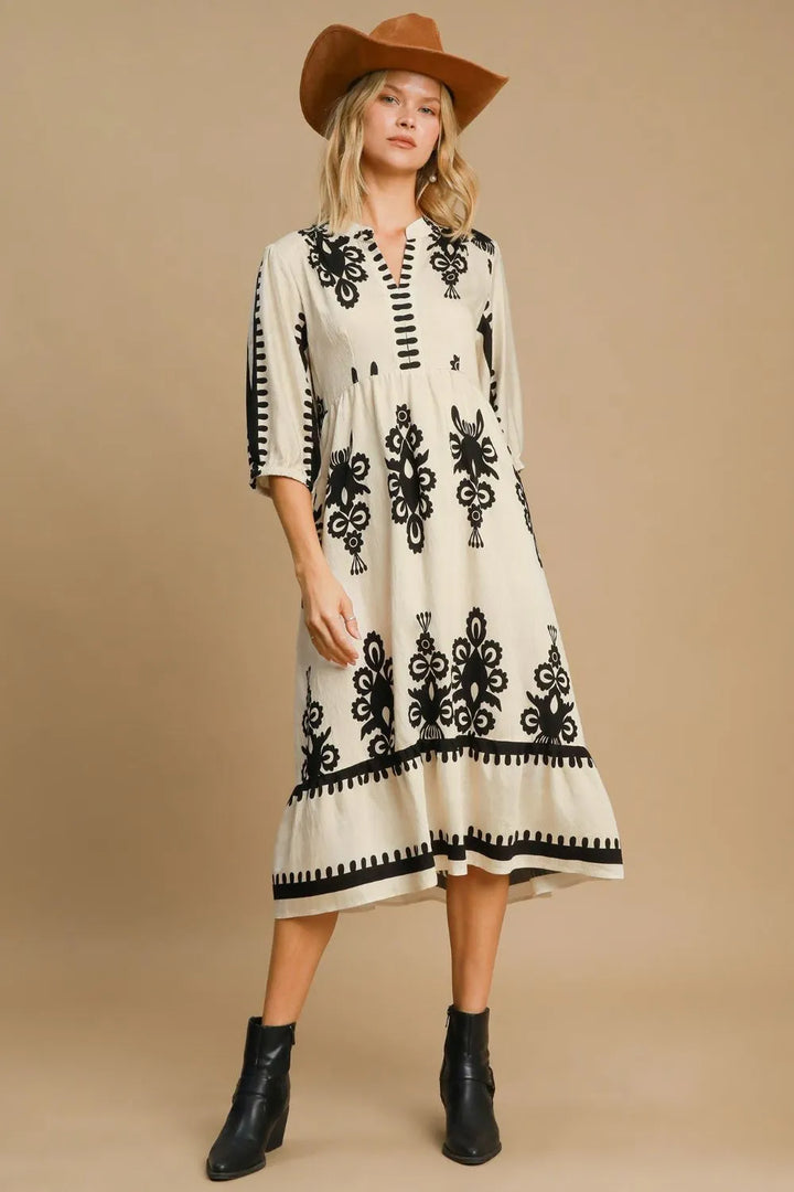 Umgee Printed Notched Midi Dress Midi Dresses