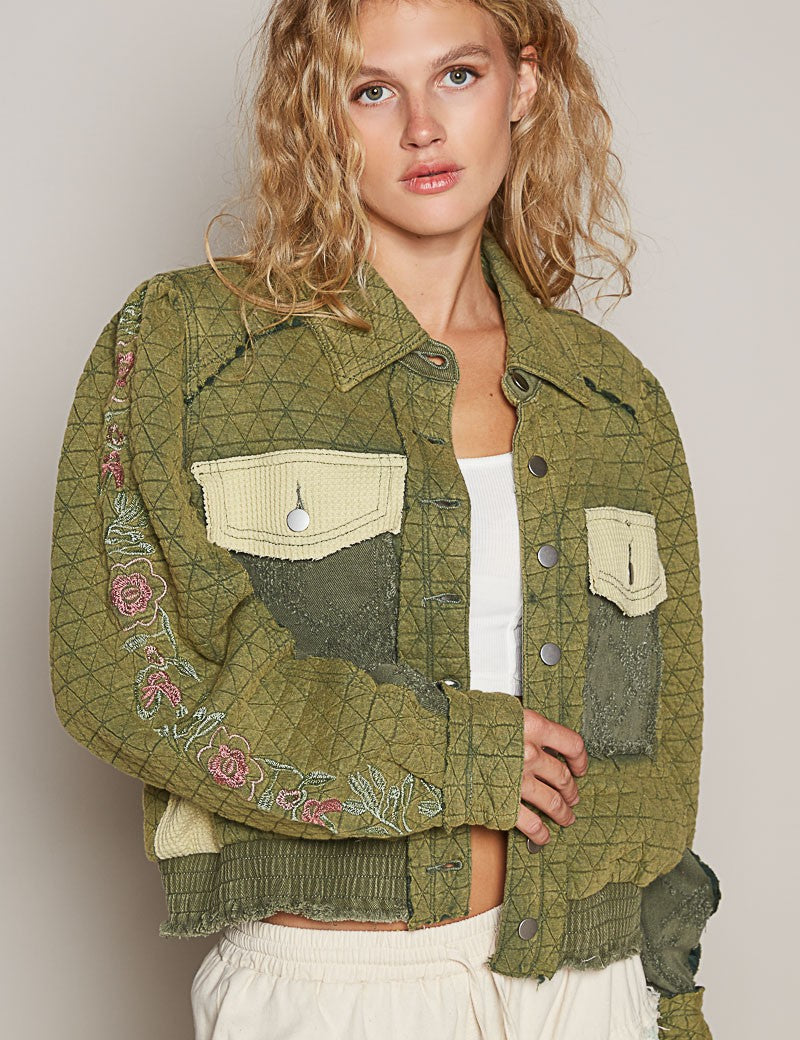 POL Embroidered Sleeve Raw Edge Quilted Jacket Basil Multi