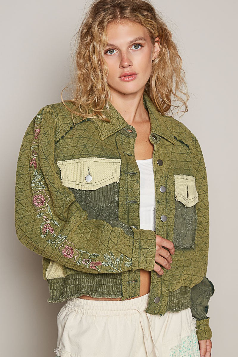 POL Embroidered Sleeve Raw Edge Quilted Jacket Basil Multi