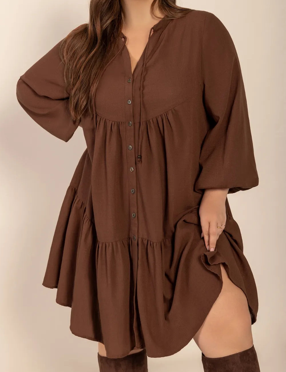 Brown Plus Size Tie Neck Balloon Sleeve Tiered Dress | Daverri Fashions
