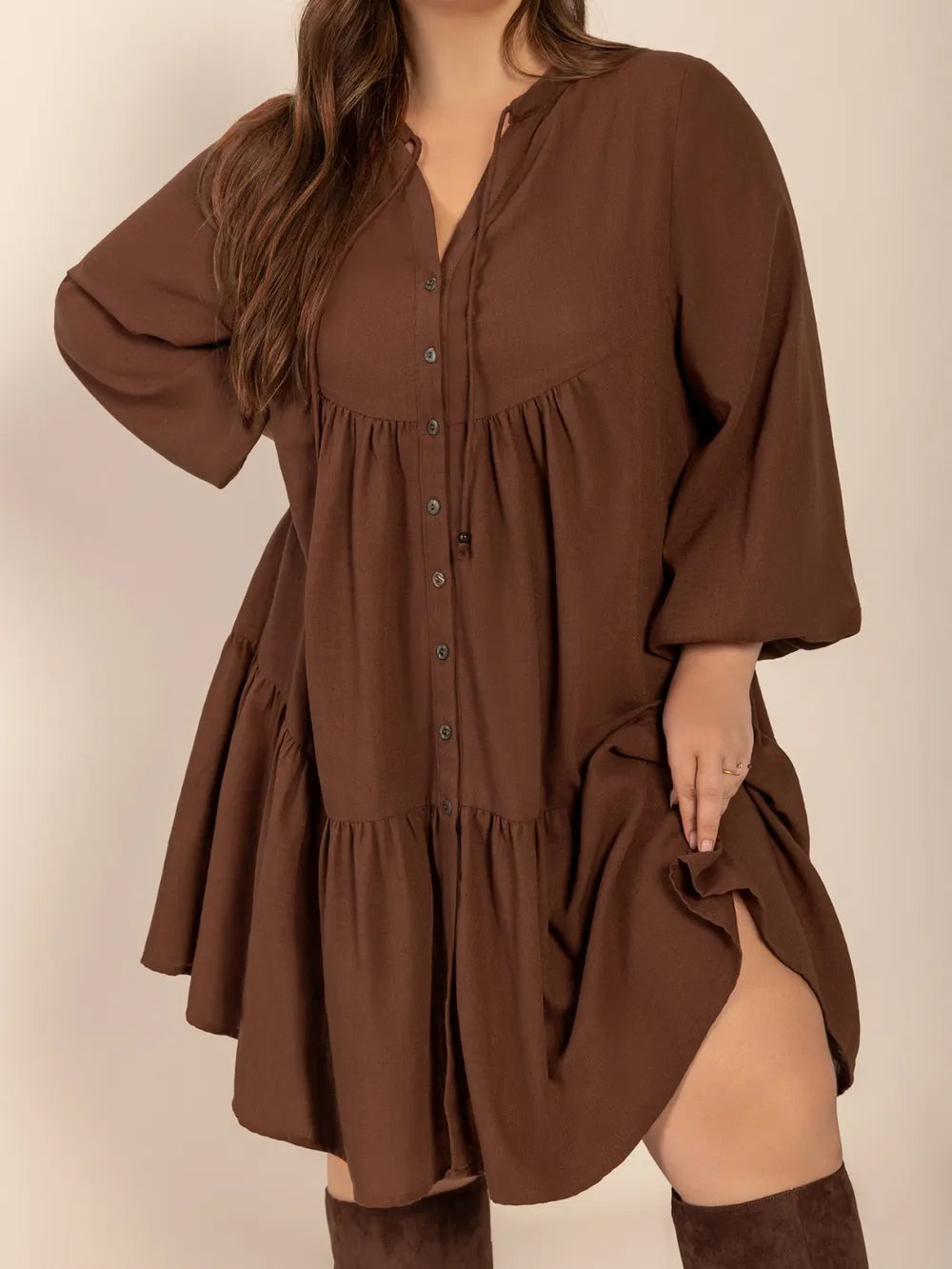 Brown Plus Size Tie Neck Balloon Sleeve Tiered Dress | Daverri Fashions
