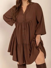 Brown Plus Size Tie Neck Balloon Sleeve Tiered Dress | Daverri Fashions
