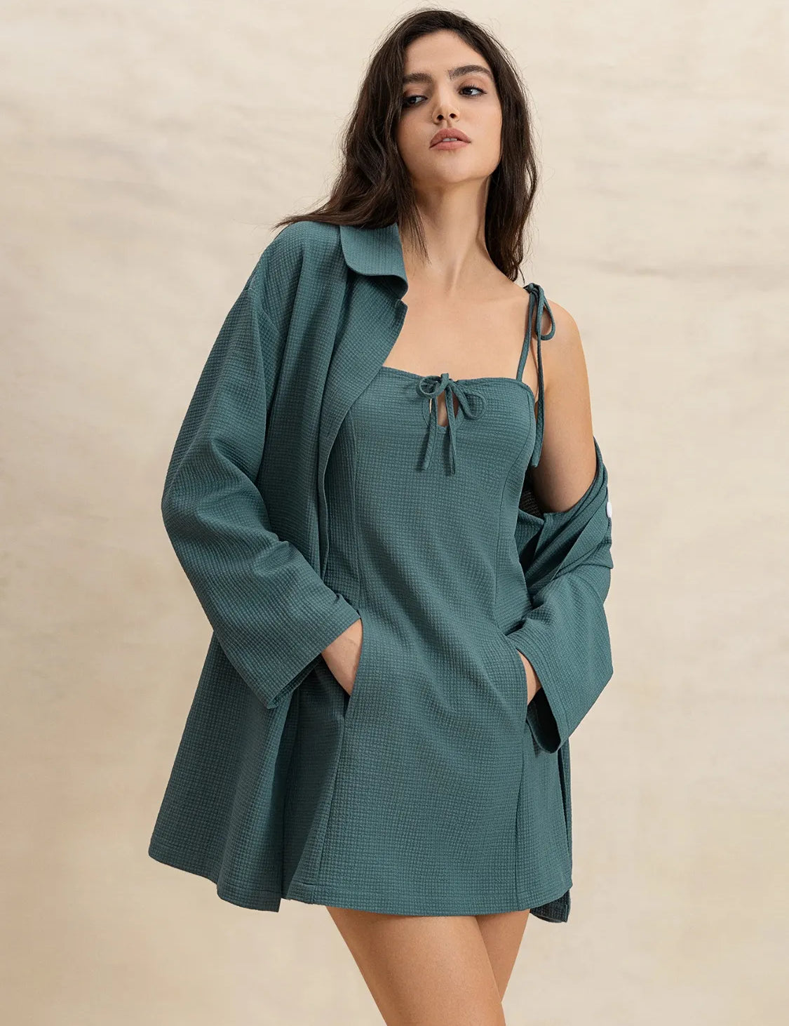 French Blue Tie Shoulder Mini Dress and Long Sleeve Top Set | Daverri Fashions