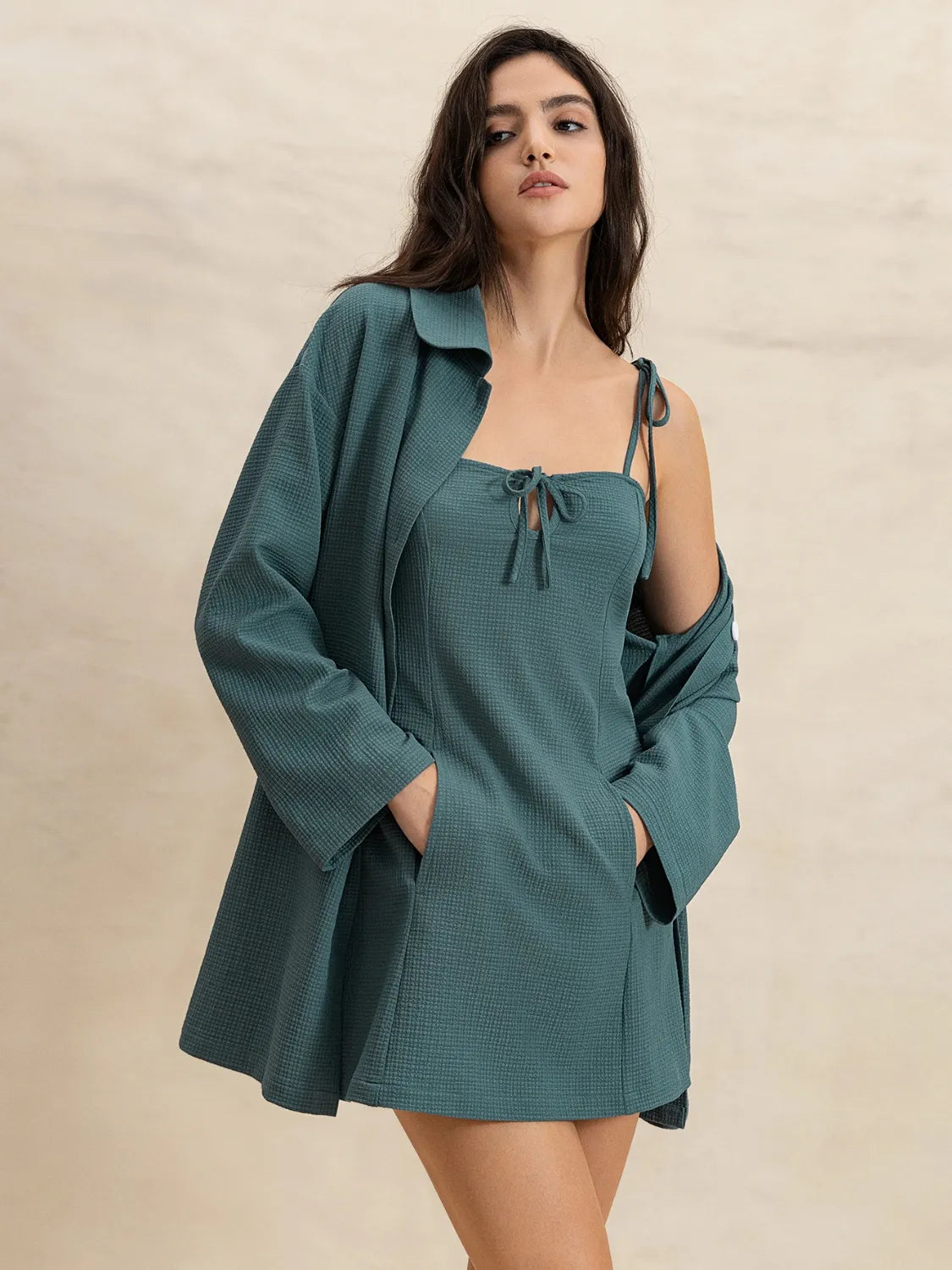 French Blue Tie Shoulder Mini Dress and Long Sleeve Top Set | Daverri Fashions