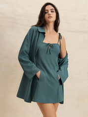 French Blue Tie Shoulder Mini Dress and Long Sleeve Top Set | Daverri Fashions
