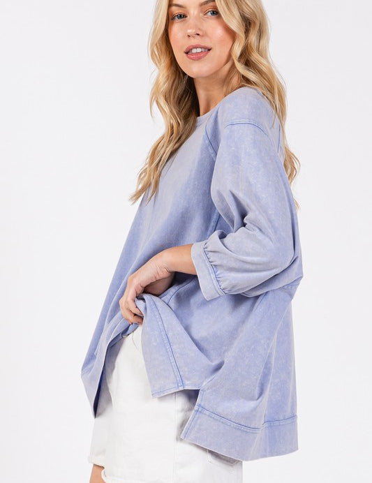 SAGE + FIG Mineral Washed Side Slit Round Neck Sweatshirt