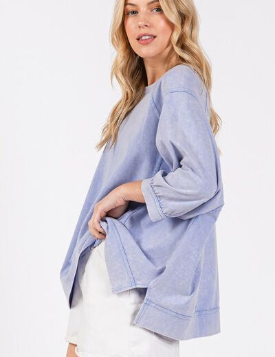 SAGE + FIG Mineral Washed Side Slit Round Neck Sweatshirt Sweatshirts