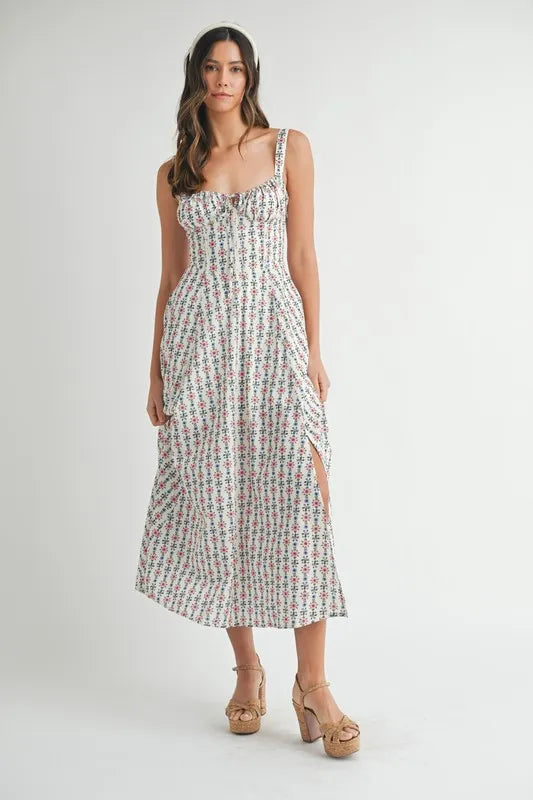 MABLE Floral Print Bustier Back Lace Up Midi Dress CREAM