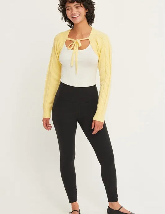 CREAMY YELLOW HYFVE Cable-Knit Tie-Front Shrug | Daverri Fashions