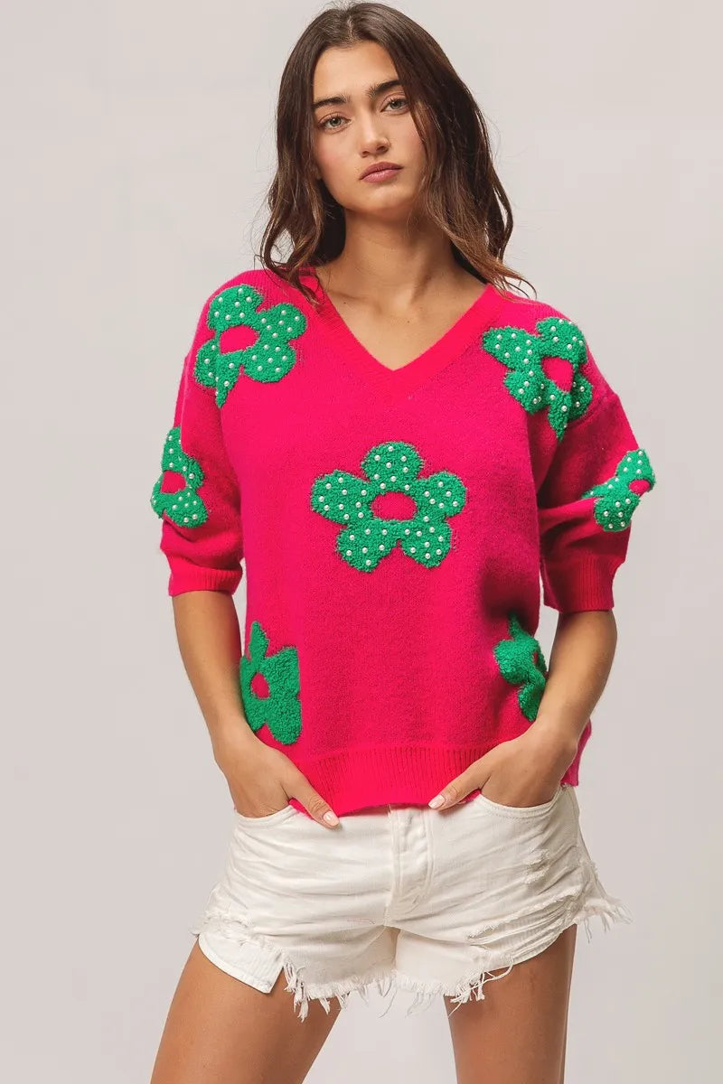 BiBi Pearl Beads Flowers Sweater Top Sweaters
