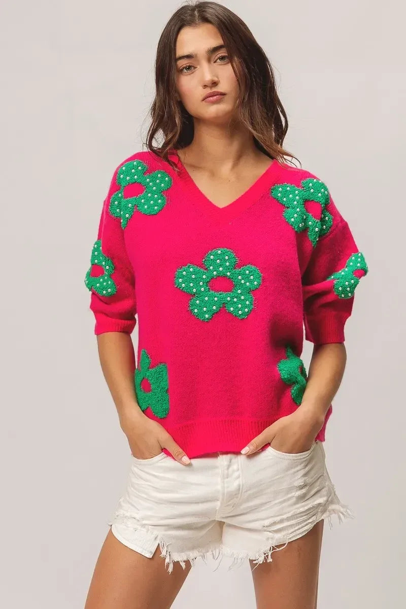 BiBi Pearl Beads Flowers Sweater Top - DAVERRI FASHIONS
