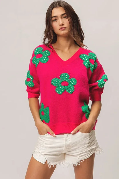 BiBi Pearl Beads Flowers Sweater Top - DAVERRI FASHIONS