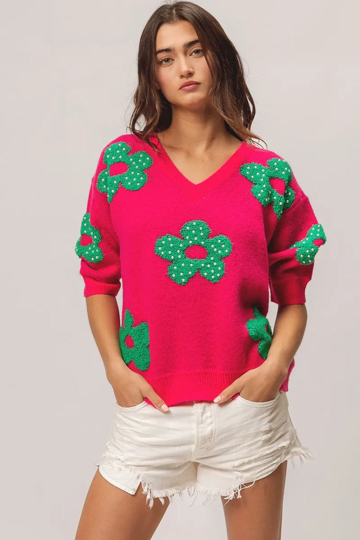 BiBi Pearl Beads Flowers Sweater Top Sweaters
