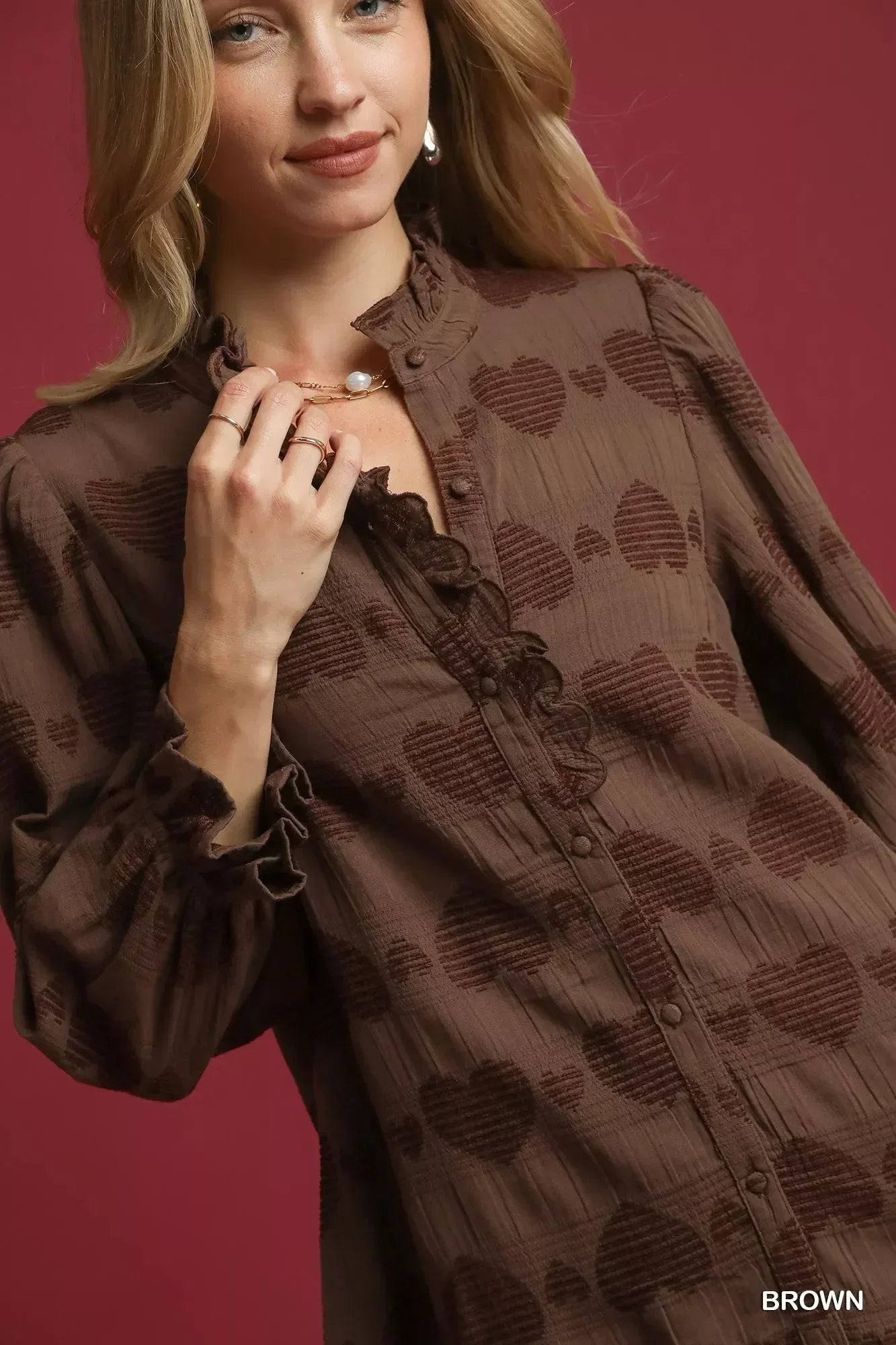 Umgee Heart Jacquard Ruffle Trim Shirt - DAVERRI FASHIONS