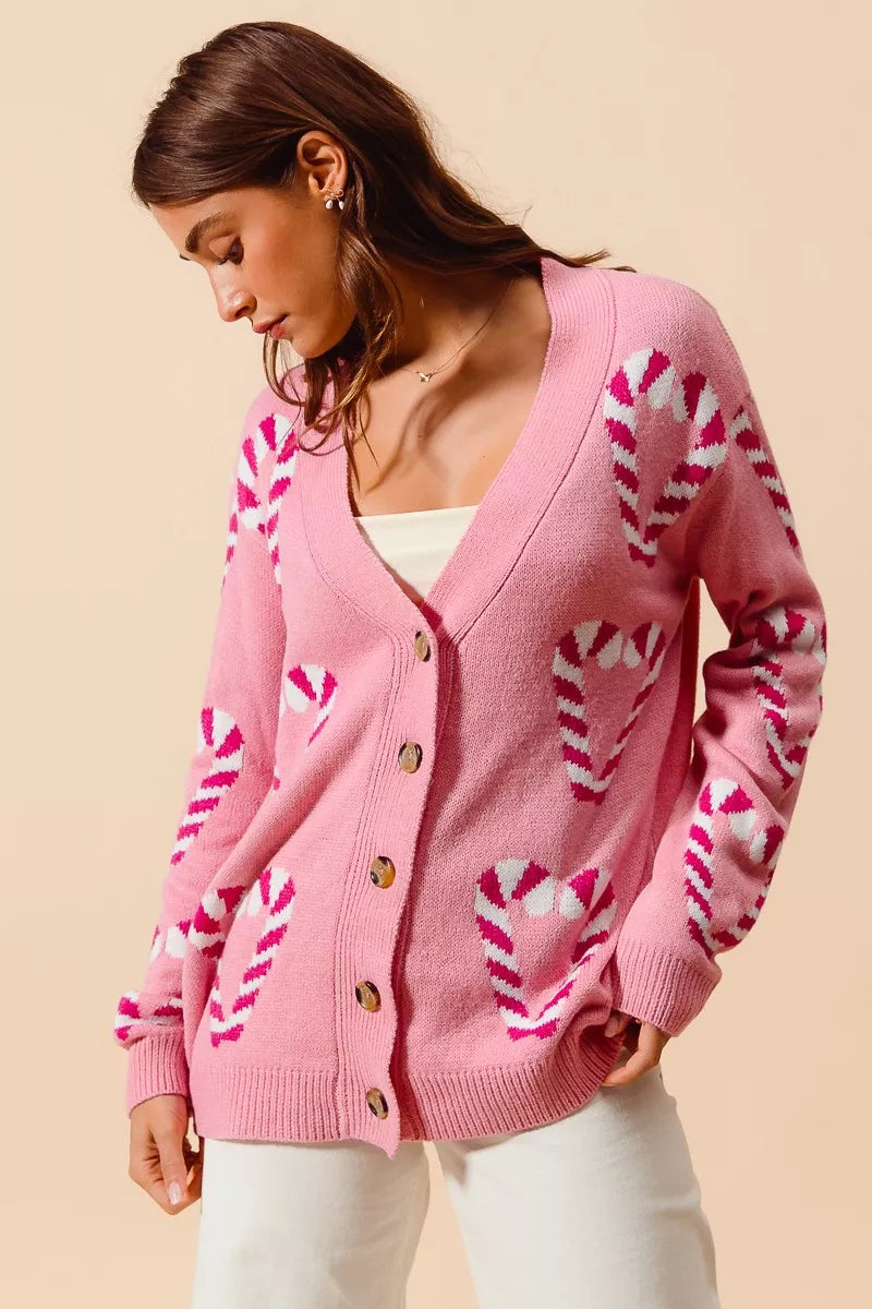 SO ME Christmas Candy Cane Button Front Sweater Cardigan | Cardigans Daverri Fashions