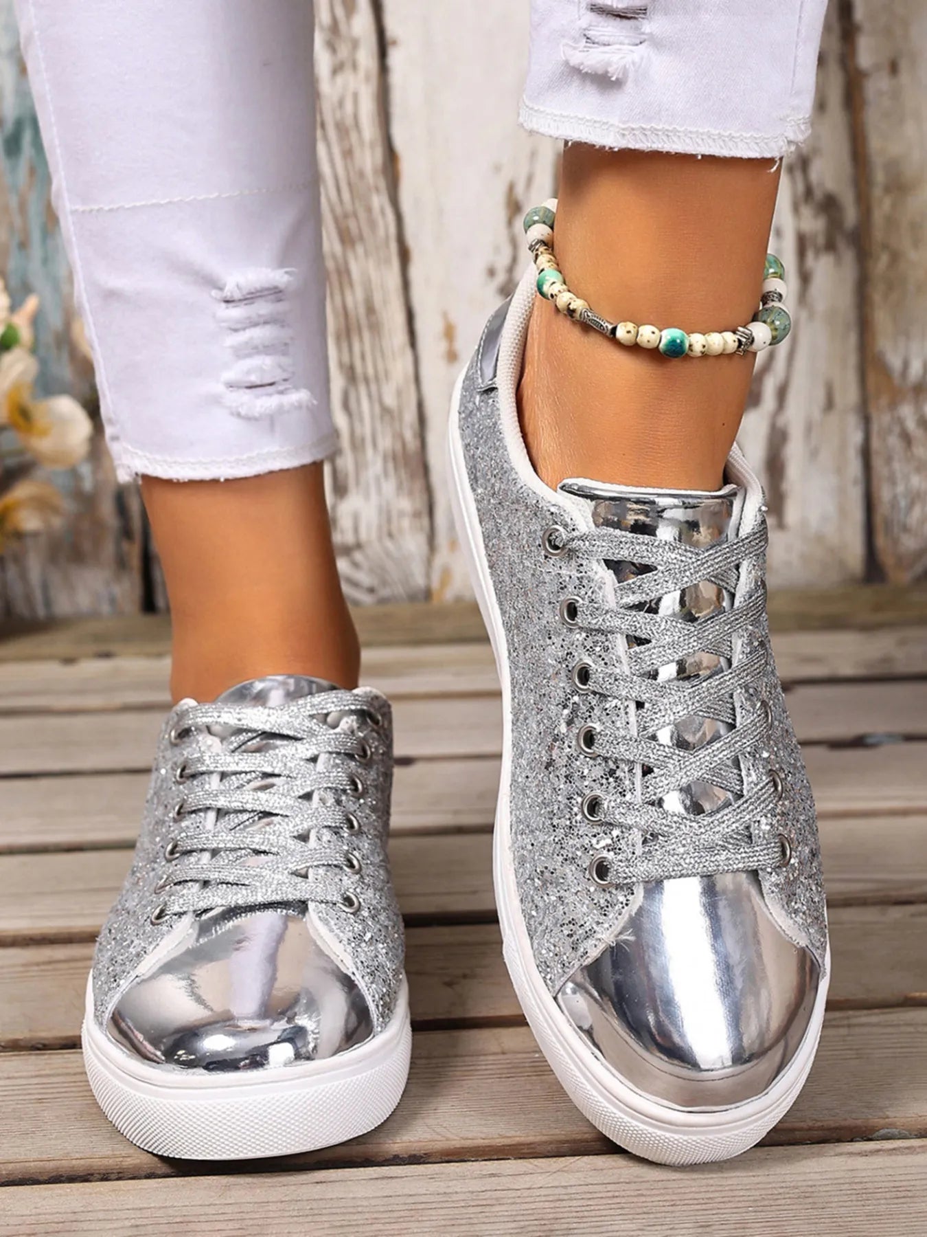 Silver Sequin Lace Up Sneakers | Sneakers Daverri Fashions
