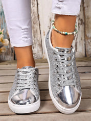 Silver Sequin Lace Up Sneakers | Sneakers Daverri Fashions