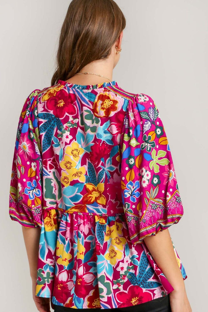 Umgee Full Size Floral Print Tie Neck Peplum Blouse Plus Size Blouses