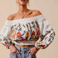 SO ME floral embroidered off-the-shoulder white crop top with smocking