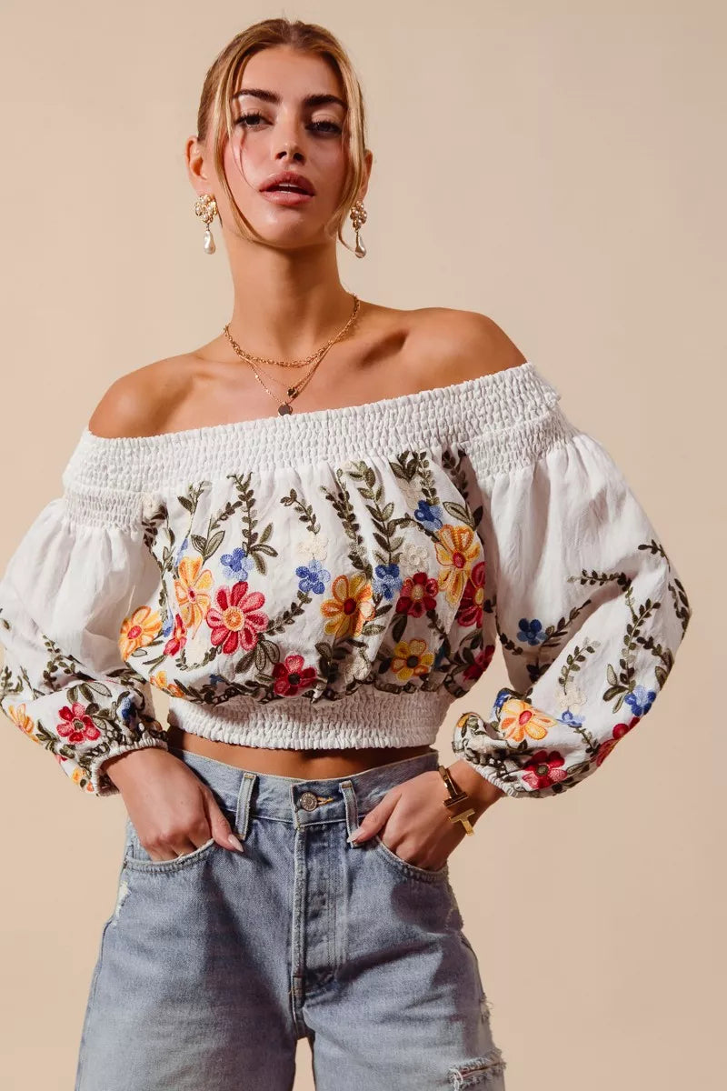 SO ME floral embroidered off-the-shoulder white crop top with smocking